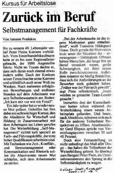 Artikel Kölner Stadtanzeiger 2000 - 05 - 16